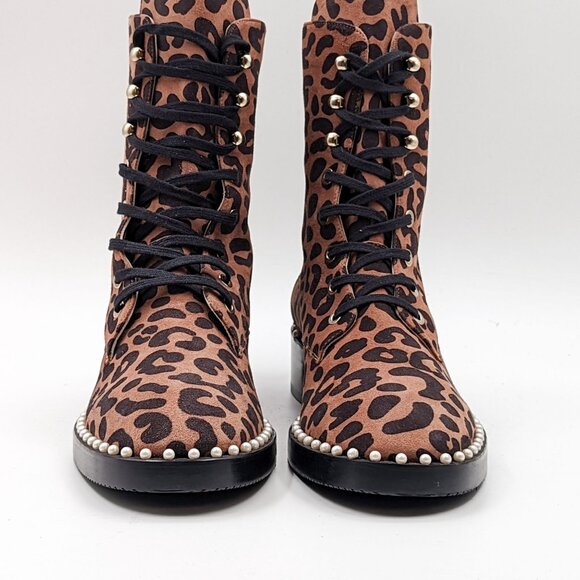Stuart Weitzman Women Sondra Leopard Print Calf Hair Combat Boots Size 8 - Picture 2 of 8